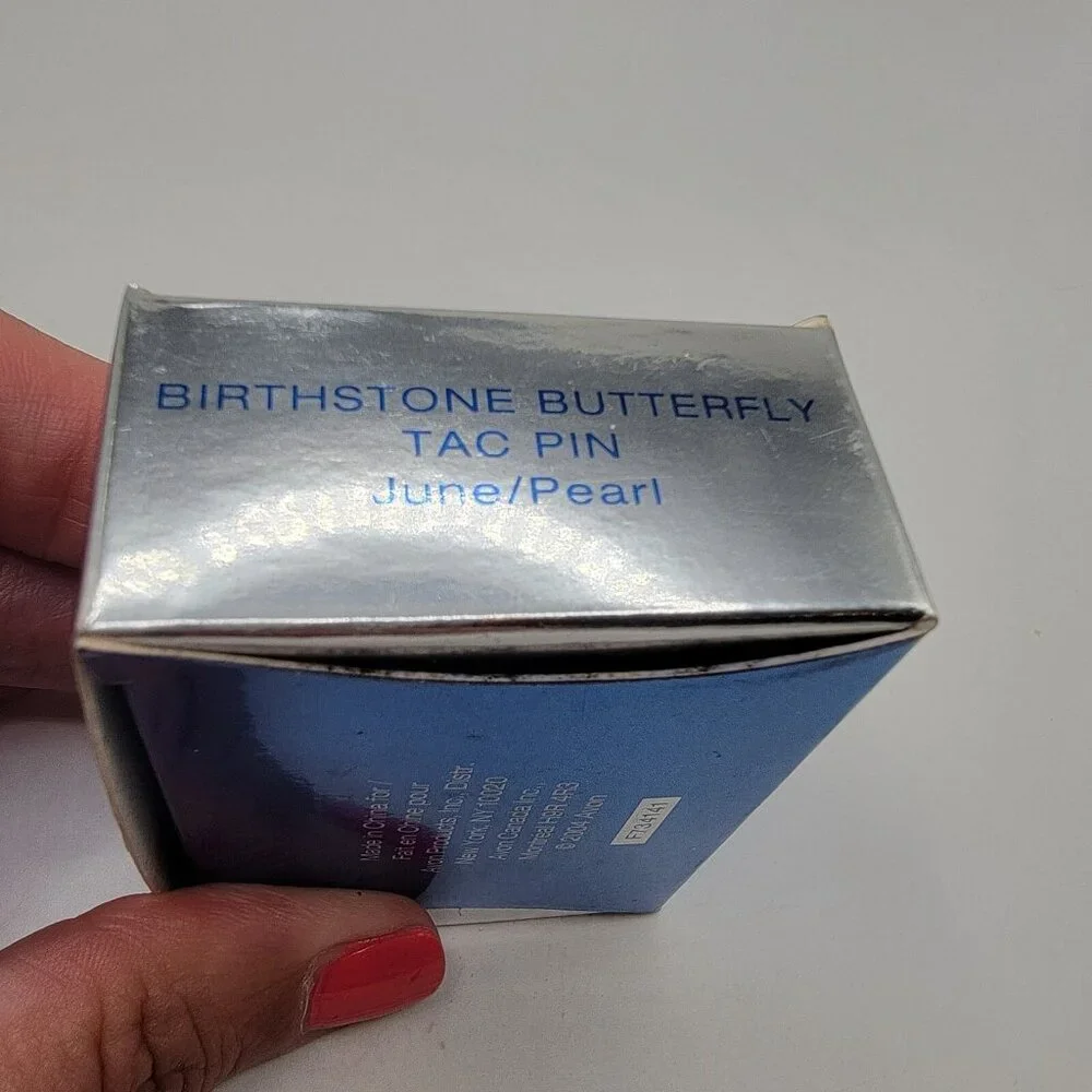 AVON Silver Butterfly Tac Pin June Pearl Birthstone‎ New With Box